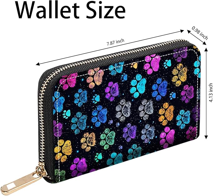 Colorful Dog Paw Prints Print Women Large Capacity PU Leather Zip Around Wallet, Multifunctional Clutch Purse for Cash/Card/Coin/Smart Phone