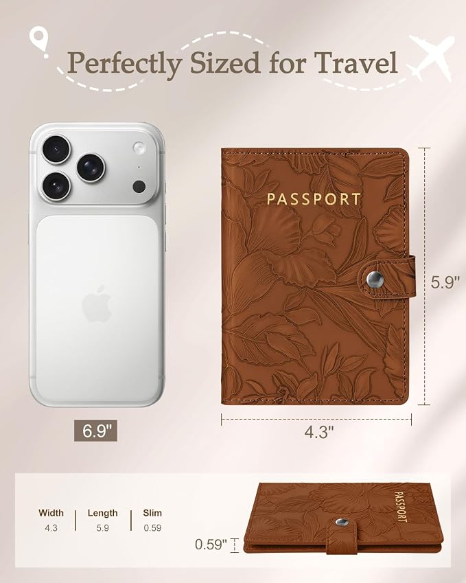 Slohif Floral Embossed Passport Wallet - Elegant Passport Wallet with AirTag Holder & RFID Blocking Slim Vegan Leather Passport Cover with Money Pocket and Card Slots Rust Brown