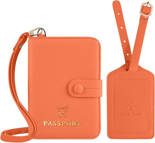 Passport Holder RFID Protected Wallet and Luggage Tag with Protection Cover Travel Accessories Leather Card Case Organizer for Women Men (Orange)