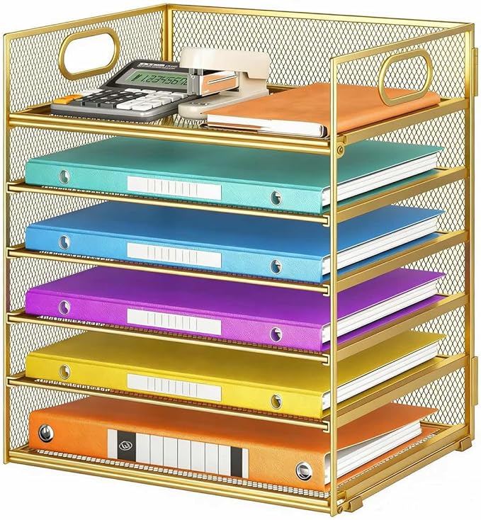 6 Tiers Letter Tray Paper Organizer with Handle, Mesh Desk File Organizer, Metal Desktop Document Shelf Organization, Paper Sorter Organizer for Office, Home or School File Folder Holder (Gold)