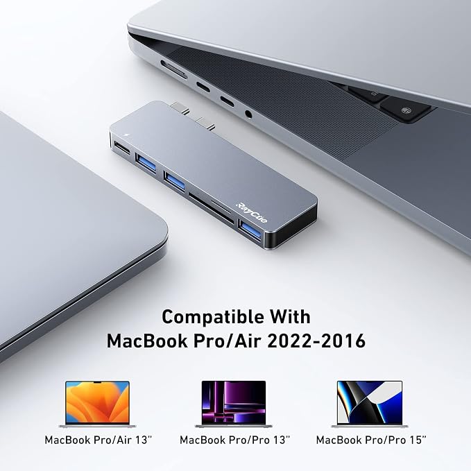 RayCue USB C Hub Adapters for MacBook Pro/MacBook Air M1 M2 M3 2023 2022 2021 2020 2019 13" 14" 15" 16", 6-in-2 Multiport MacBook Adapter with Thunderbolt 3, 3 USB 3.0 Ports, SD/TF Card Reader