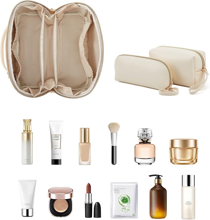 YTL Travel Makeup Bag, Large Capacity Cosmetic Bag for Women, Waterproof PU Leather, Flat Open Portable Toiletry Bag for Skincare, Brushes & Travel Essentials