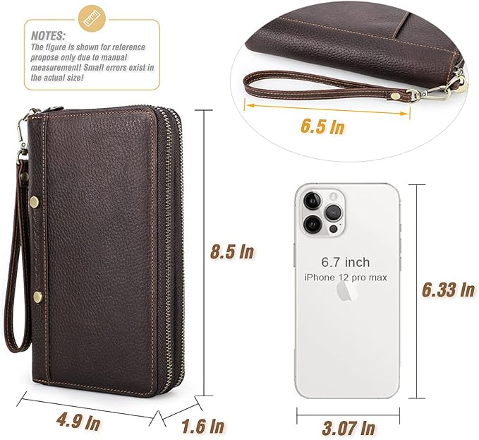 Top Grain Genuine Leather Clutch Wallet with Wristlet for Man & Woman, Handmade Vintage Design, Multi Pockets & Side Pocket & Slots, RFID Large Capacity for Cards/Checks/Money/Passport/Pen, Red Coffee