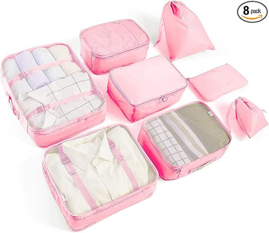 8 Set Packing Cubes for Suitcases Travel Luggage Packing Organizers,Travel Essentials Luggage Organizer Accessories for Shoe Bag Tioletry Bag Laundry Bag (Pink)