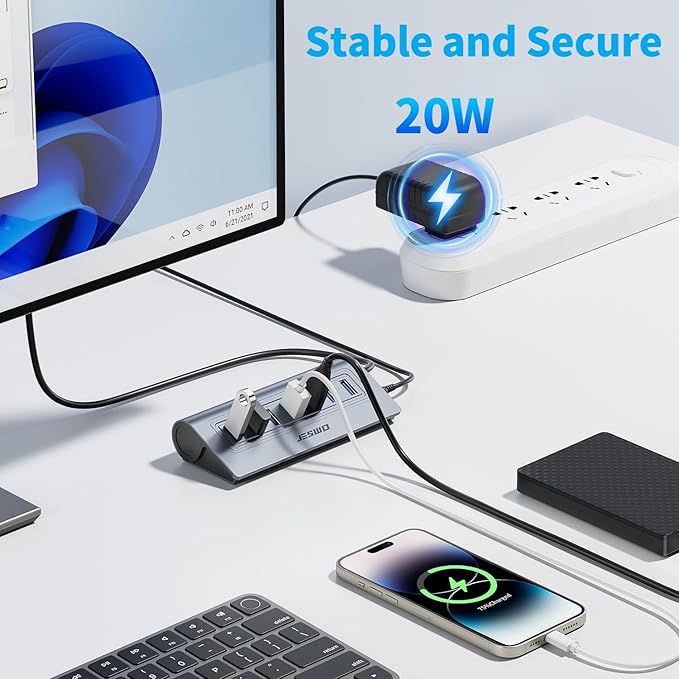 Powered USB Hub, JESWO 7-Port USB 3.0 Hub, Aluminum USB Data Hub with 3.3ft Cable, USB Hub 3.0 Powered with 5V/4A Power Adapter for MacBook, Notebook PC, USB-Flash Drives, Mobile HDD and More (Grey)