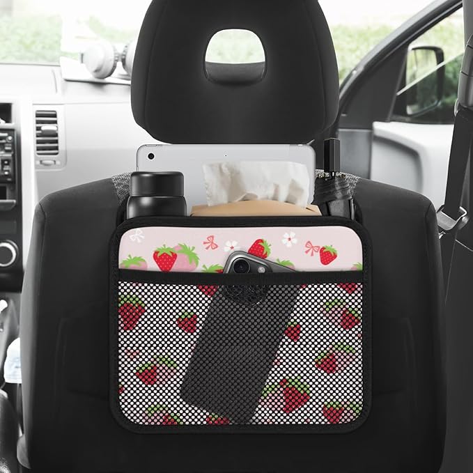 Cute Strawberry Print Car Organizer for Kids, Backseat Headrest Storage Bag, Adorable Cartoon Fruit Pattern, Foldable Waterproof PU Leather Organizer, Perfect for Mom and Baby
