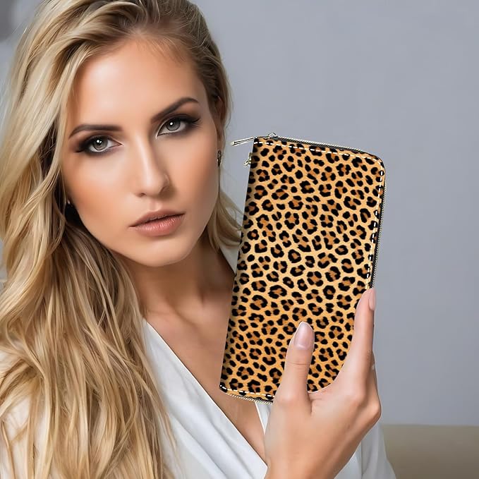Leopard Print Print Women Large Capacity PU Leather Zip Around Wallet, Multifunctional Clutch Purse for Cash/Card/Coin/Smart Phone