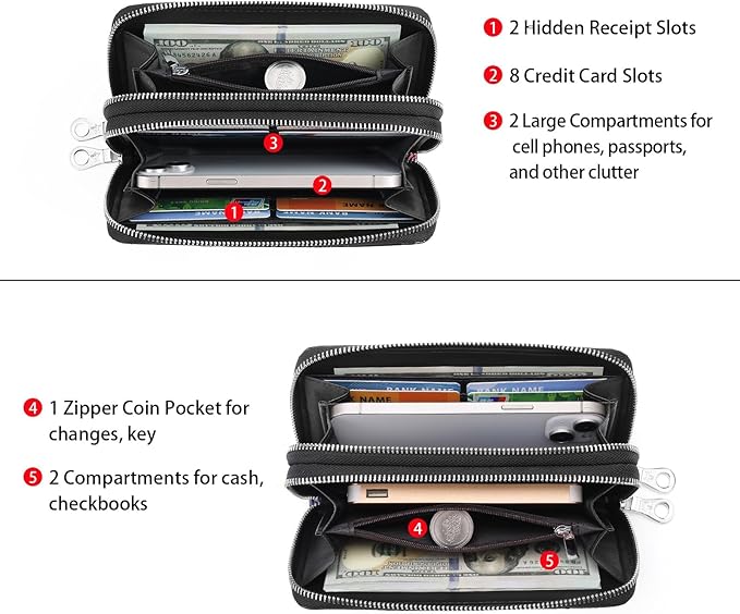 GOIACII Women's Wallet Large Capacity Double Zip Ladies Card Phone Holder RFID Blocking Wristlet Leather