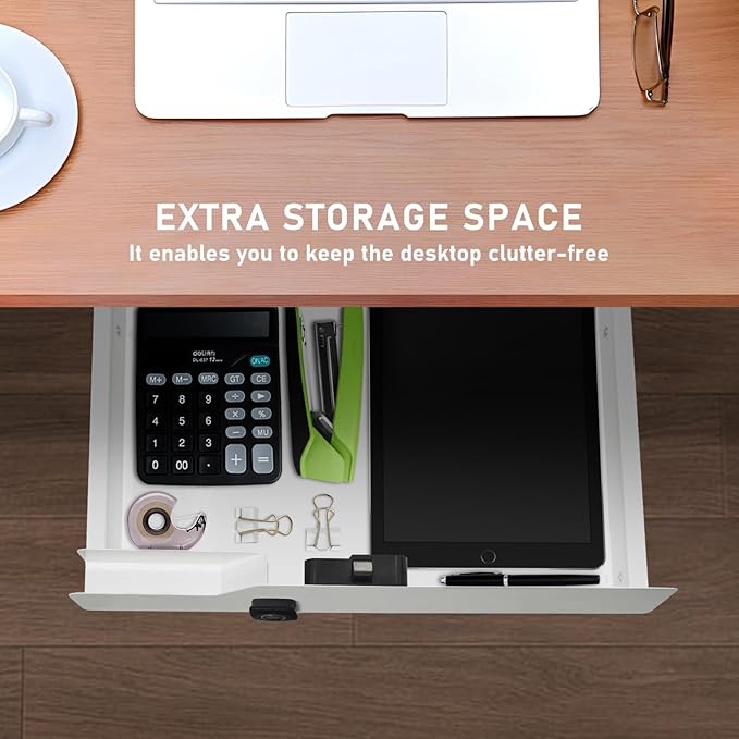 Metal Under Desk Drawer with Biometric Fingerprint Lock, Undermount Table Drawer, Slides out Tray Organizer for Paper, Pencil, and Laptop 16"x11.8"x3.6", White