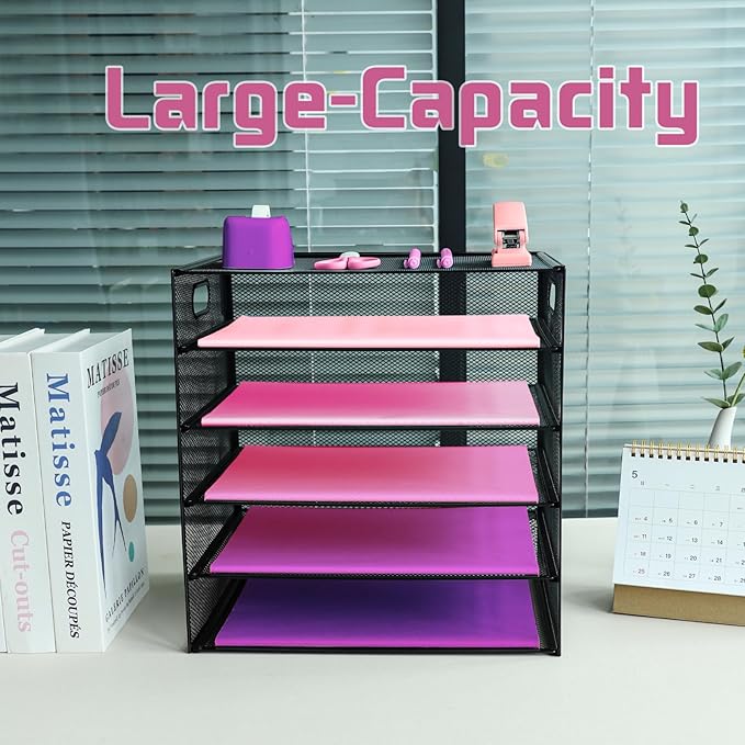 5 Tier Lettrer Tray Organizer, Metal Mesh Desk File Organizer with Sliding Trays, Paper Sorter Desk Organizer for Home Office School, Black