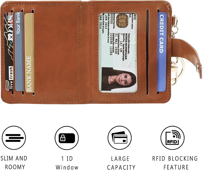 Airkit Small Wallets Woman RFID Blocking Leather Credit Card Holder - with ID Window - Card Wallets for Women - with Zipper Coin Purse - Keychain Wallet
