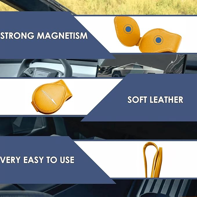 Car Sunglass Holder Compatible with Tesla Cybertruck 2025 2024 Cyberbeast Interior Accessories Organizer Leather Eyeglass Hanger Visor Ticket Card Clip Magnetic Cyber Truck Sunglasses Holders (Yellow)