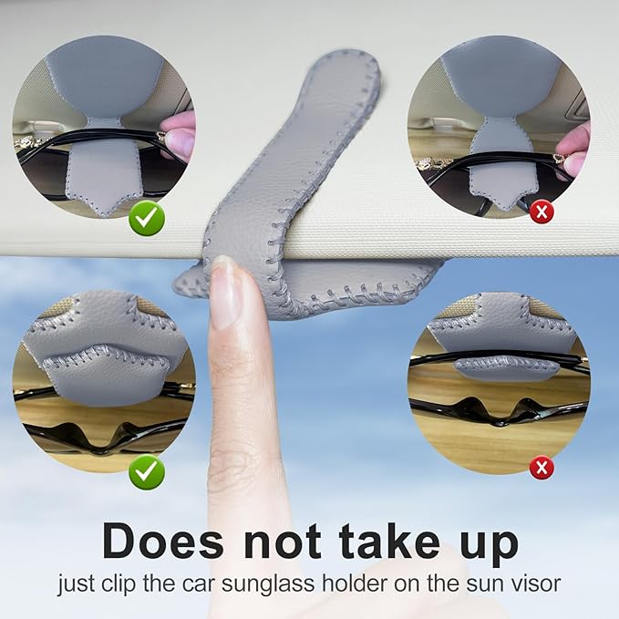 AMVOYOA Sunglass Holder for Car ，Hand Sewn Leather Sunglasses Clips for Car Visor ，Universal Car Magnetic Eyeglass Holder，Ticket Card Clip for Car Visor Accessories（Gray）