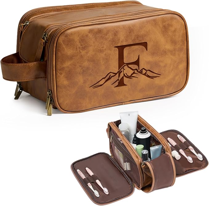 Janhavi Gifts for Him, Personalized Engraved Initials & Mountain,Waterproof Toiletry Bag For Shower Caddy, Makeup Organizer Travel Bag, Men's Accessories Case, Mens Travel Bag Toiletry (Brown F)