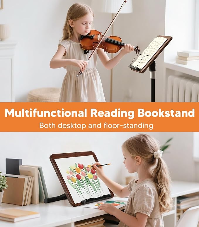 2-in-1 Floor & Desktop Wooden Book & Music Stand, 100% Solid Wood, Adjustable Height 16.5"-51", Hands-Free Reading Stand with Page Clip for Cookbooks, Sheet Music, Bible, Office & Home