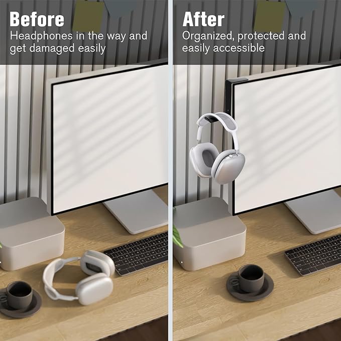 Headphone Holder for Monitor, Premium Metal Headsets Stand, Sticky Headphone Hanger Hooks Hold 10Lbs, Headset Mount for Screen Side, for Airpods Max and All Headphone, Black
