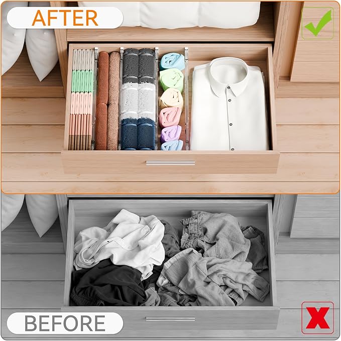 Yieach 8 Pack 3.2 Inch Shallow Acrylic Drawer Dividers for Clothes -Expandable from 15-21''- Adjustable Drawer Dividers for Baby Clothing,Sock,Underwear,Clear in Drawer Separators for Dresser,Kitchen