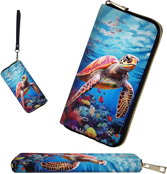 RFID-Blocking Zip Around Wallets for Women with Detachable Wrist Strap,Large Capacity Phone Holder with Card Organizer & Coin Pocket,Sea Turtle Swimming Underwater