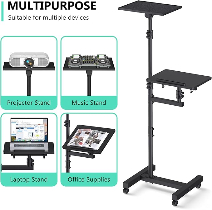 Projector Stand Tripod: 2 Shelves Mobile Laptop Cart Adjustable Height 45 to 64 Inches, Rolling Laptop Stand Cart with Ventilated Tray, Projector Tripod Stand on Wheels for Couch, Bedside, Meeting