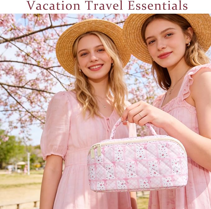 Large Pink Bow Floral Travel Makeup Bag Lay Flat Quilted for Women Airplane Essentials, Personalized Her 16th 18th 21st 25th 30th Birthday Gifts, Bride Teen Girls Cosmetics Skincare Brush Organizer