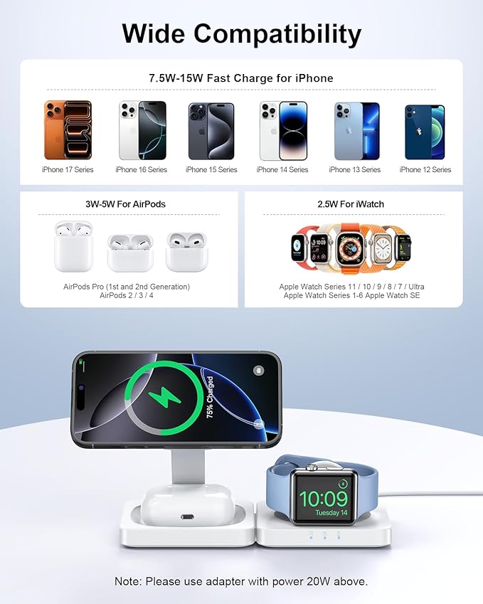 2026 Magnetic Wireless Charging Station - ADADPU 3 in 1 Foldable Charger Stand for Multiple Apple Devices, Travel Charging Pad for iPhone 17 16 15 14 13 12 Pro Max Plus, for Apple Watch AirPods
