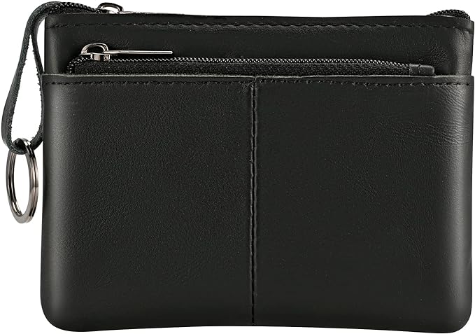 Black Genuine Leather Multi-Functional Wallet - Compact Card Holder, Coin Purse & Key Organizer with 3 Zippers, Built-in Key Ring, Perfect for Travel, Work & Daily Use