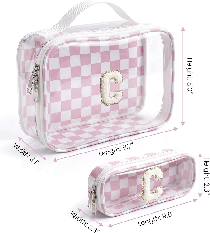 LETGO Gifts for Kids - Monogram Personalized Initial Makeup Bags Cosmetic Pouch Make Up Case for Women Her Best Friend Friendship Sister Teacher,Birthday Gifts for Women (C,Pink&Beige)