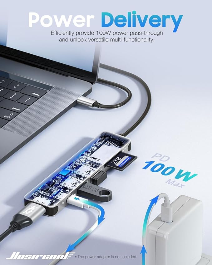 Hiearcool USB C Hub Multi-Port Adapter, 7-in-1 USB-C Dongle with 4K HDMI 100W PD SD/TF Card Reader, USBC Dock Compatible for MacBook Pro/Air Dell XPS Lenovo HP and Other Windows Laptops-Sliver White