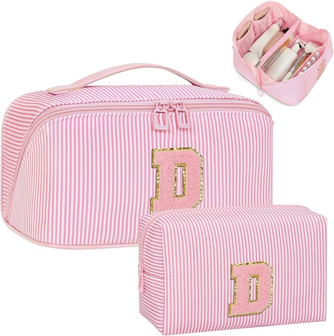 Initial Makeup Bag, Portable Water-resistant Monogram Cosmetic Bag Set, Travel Toiletry Bag with Brush Holder, Personalized Gifts for Friend Teacher Mom Wife, Pink D