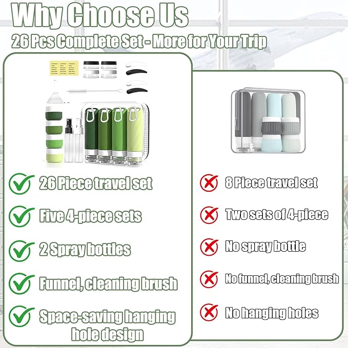 26 Pcs TSA Approved Travel Toiletry Bottles Set, Leakproof Silicone Refillable Travel Containers with Hanging Hole & Carabiner, Portable Essentials, for Shampoo Conditioner Lotion Body Wash