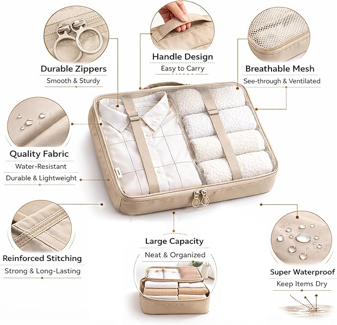 7 Set Packing Cubes For Travel | Luggage Organizer Bags With Shoe, Laundry Bag, Accessory Pouch And Lingerie Bag | Durable And Space Saving Suitcase Organizer For Travel Essentials | Beige
