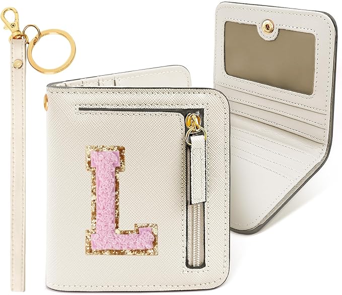 COSHAYSOO Cute Flower Girl Christmas Gifts from Bride Small Initial Wallet RFID Bifold Wedding Bachelorette Party Gifts for Bride to be Bridesmaid Gift Ideas Chenille Letter L Cream