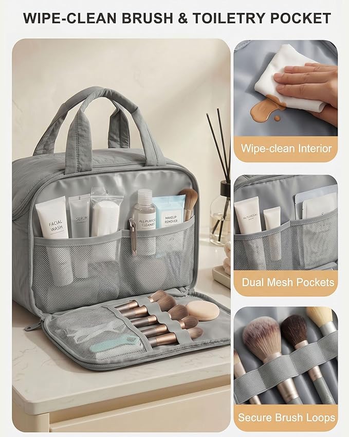 Lightweight Structured Travel Toiletry Bag for Women - Wide-Open Puffer Mini Duffel with Removable Divider, Waterproof Lining, Water-Resistant Exterior, Fits Full-Size Bottles & Shower Essentials