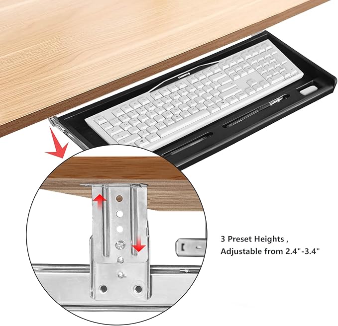 TOOCUST Under Desk Keyboard Tray, 20" Wx11"D Sturdy Key Board Tray Under Desk Slide with Pen Tray, Desk Extender with Pen Holder,Black