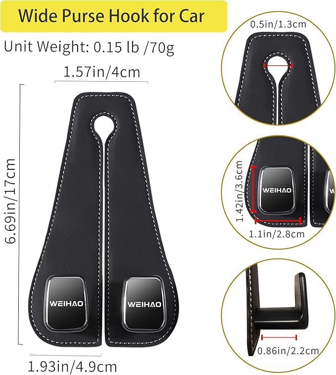 WEIHAO Wide Purse Hook for Car, Twin Hook Leather Car Headrest Hangers, Car Seat Back Storage Hook, Headrest Hooks Purse Bag Holder for Car Universal Fit Sedan Trucks SUVs Most Vehicles (Black-2PCS)