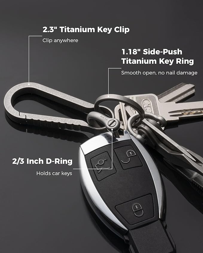 FEGVE Titanium Key Chain Clip with Side-Pushing Key Ring & 2/3inch D Ring for Car Fob Keys