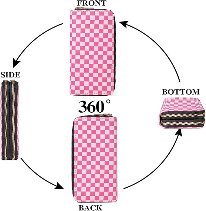 Checkered Wallets for Women Cute Large Capacity Pink Female Plaid Purse 2 Zippers Credit Card Holder