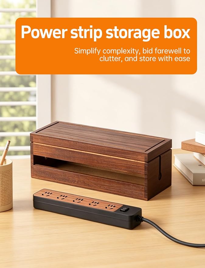 Wood Cable Management Box, Wire Organizer & Cable Hider Box with Lid, Power Strip Protector Boxs for Desk, Floor, Home, Office & Extension Leads – Decorative Cord Organizer