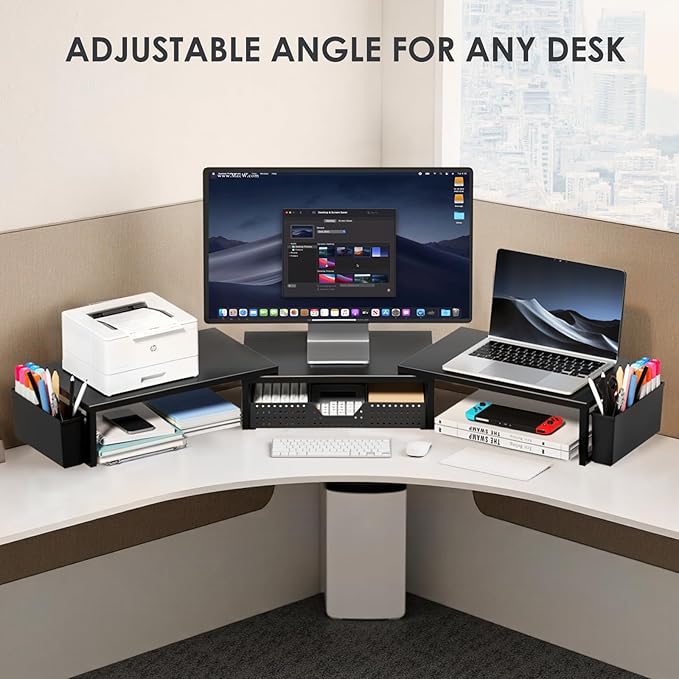 OPNICE Desk Organizers and Accessories, Dual Monitor Stand Riser with Drawer and 2 Pen Holders, Desk Shelf Metal Computer Racks for Office Workspace Organizers, Desktop Organization (Black Metal)