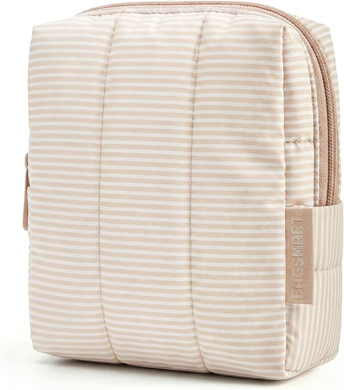 BAGSMART Small Travel Makeup Bag for Purse Toiletry Pouch, Puffy Padded Mini Cosmetics Bag, Cute Make Up Pouch for Women with Slip-in Pocket, Travel Essentials for Toiletries, Strip Khaki