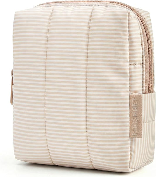 BAGSMART Small Travel Makeup Bag for Purse Toiletry Pouch, Puffy Padded Mini Cosmetics Bag, Cute Make Up Pouch for Women with Slip-in Pocket, Travel Essentials for Toiletries, Strip Khaki
