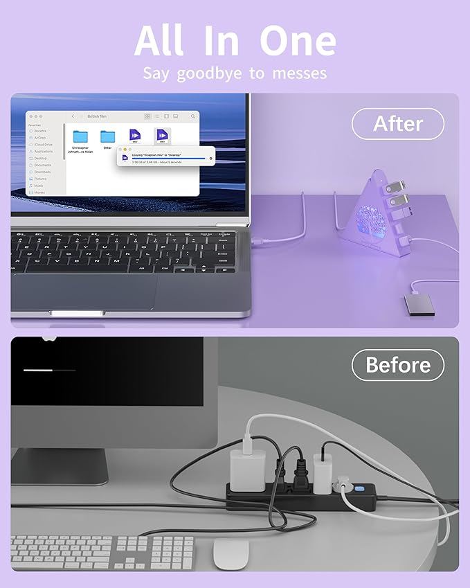 7-Port USB 3.0 Hub, Light Purple Vertical USB Splitter with Tree-Inspired RGB Lights, 5Gbps High-Speed Transfer, 2FT Cable, Compatible with MacBook, PC, Flash Drive, Console, Printer, Camera