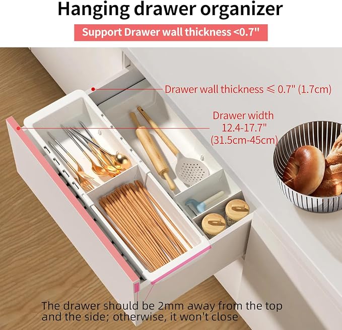Plastic Drawers Organizer for Office Bathroom Bedroom Kitchen Desk - 1 Layers More White Storage Tray - Expandable 11.4-18.1 Inches (DEEP 2.3")