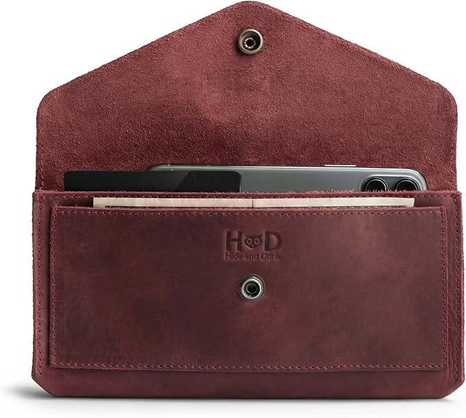 Hide & Drink, Full Grain Leather Large Female Wallet, Travel Organizer for Women, Vintage Money and Card Holder, Handmade, Sangria