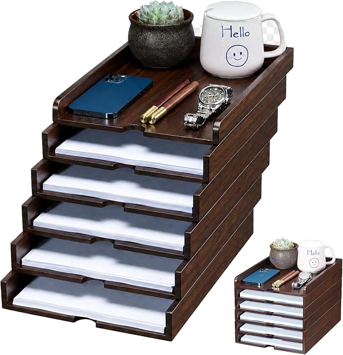 6 Tier Solid Wood Desktop File Organizer, Pull Out Stackable Paper Tray, Multi-use Desk Storage for A4 Documents, Folders, Mail, Bills, Tablet and Phone, Home Office Supplies Organizer