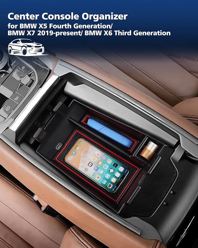 FIILINES Center Console Organizer for BMW X5 X7 2019-2024 / BMW X6 2020-2024, Center Console Tray Secondary Armrest Storage Box ABS Insert Container with Anti-Slip Mats