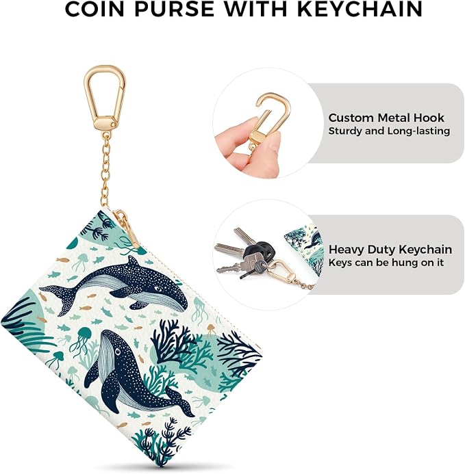 Whale Aesthetic Keychain Coin Purse for Women, Small PU Leather Change Pouch, Zipper Little Tiny Travel Wallet for Girls, Cute Kawaii Zip Pocket Coin Holder with Key Ring