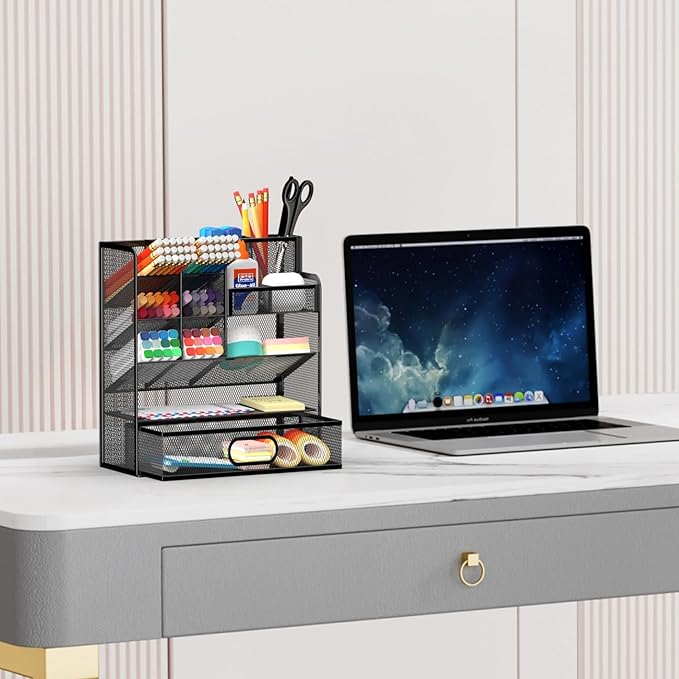 Pen Organizer for Desk - Multi-Functional Pencil Holder with Drawer Desk Organizers, Large Capacity Storage for School Office Home Supplies (Black)