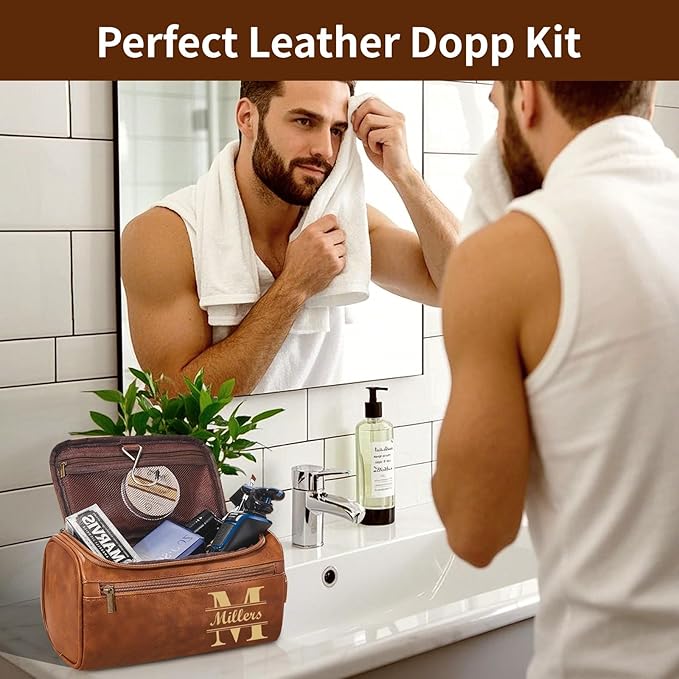 Personalized Leather Toiletry Bag for Men, Large Capacity Toiletry Travel Bag, PU Leather Waterproof Shaving Toiletry Bag, Travel Essentials Customized Gifts for Husband (Style 3)
