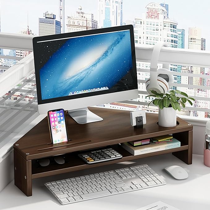 YANBI Corner Monitor Stand Office Triangle Tabletop Monitor Riser, Double-Layer Wood Corner Monitor Stand Screen Holder, Universal Computer Stand Riser with Storage (Color : Brown)